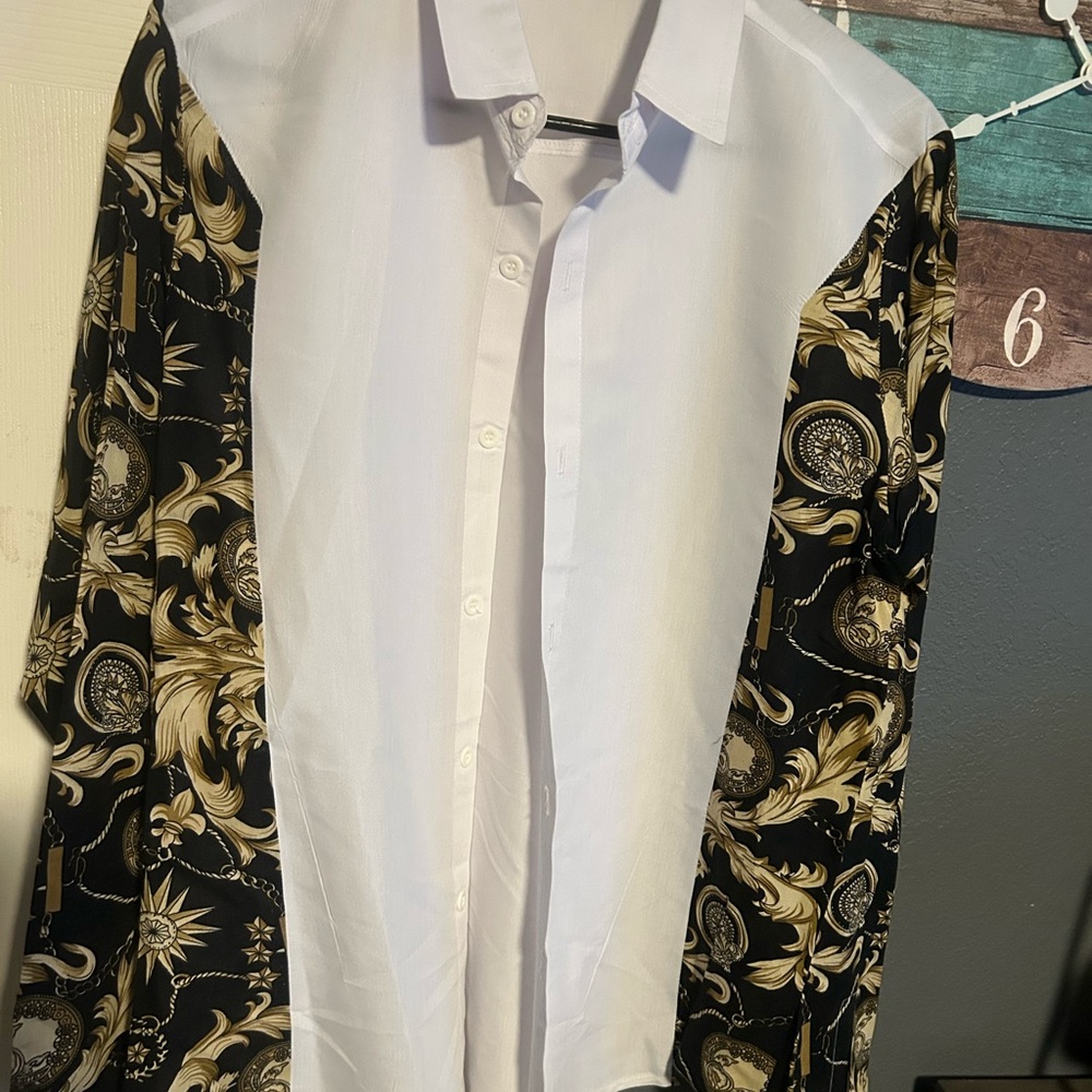 Storm White Shirt with Black and Gold Patterned Sleeves
